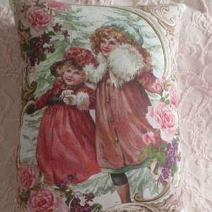 CHRISTMAS Pillow SISTERS Pink ROSES Winter Pillow Shabby Chic Girl Christmas Decor!!!