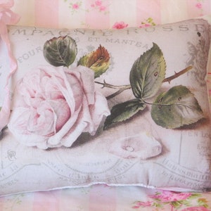 ROSE Pillow Faded Light Pink Rose Pillow Shabby Chic FRENCH Script, Beautiful!!!