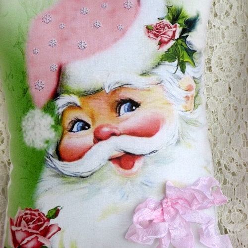 Pink SANTA Pillow Pink Roses Pink Ribbons Shabby Christmas Etsy