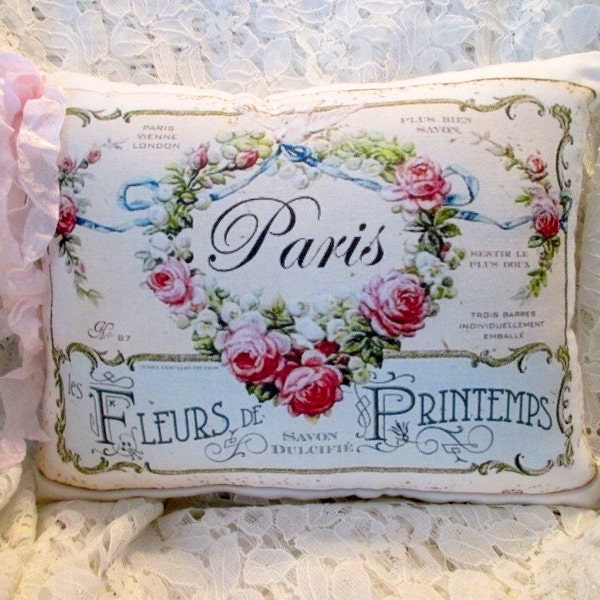 PARIS French Pillow Perfume Pink Roses French Script Shabby CHIC Decor Shabby  CHIC Pillow