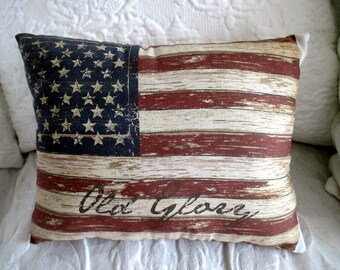 Primitive AMERICAN Flag Pillow, Tea Dye Flag, USA, Old Glory, Patriotic, Weathered Flag, Americana Decor!!!