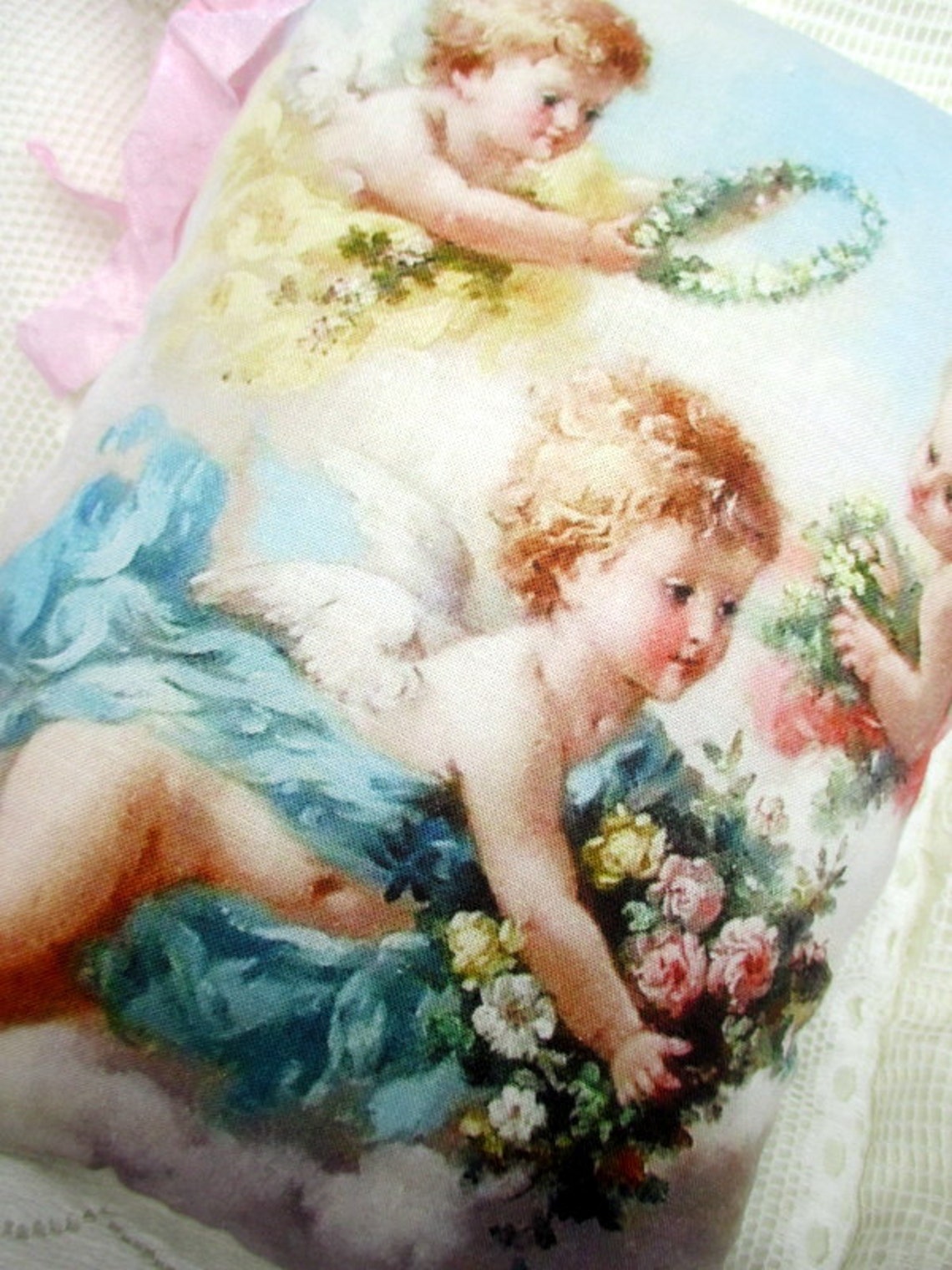 BEAUTIFUL Cherub PILLOW Angel CUPID Pink Roses Shabby Pillow Etsy