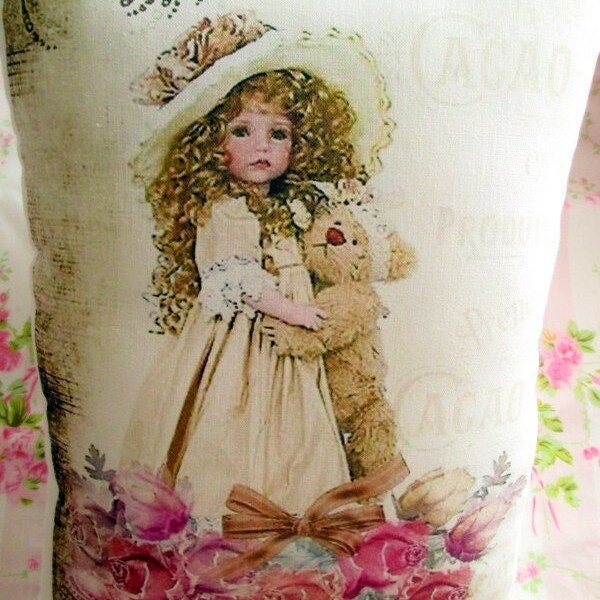 Little GIRL Pillow Doll Toy Bear Pink ROSES French SCRIPT, Adorable Decor!!!!!