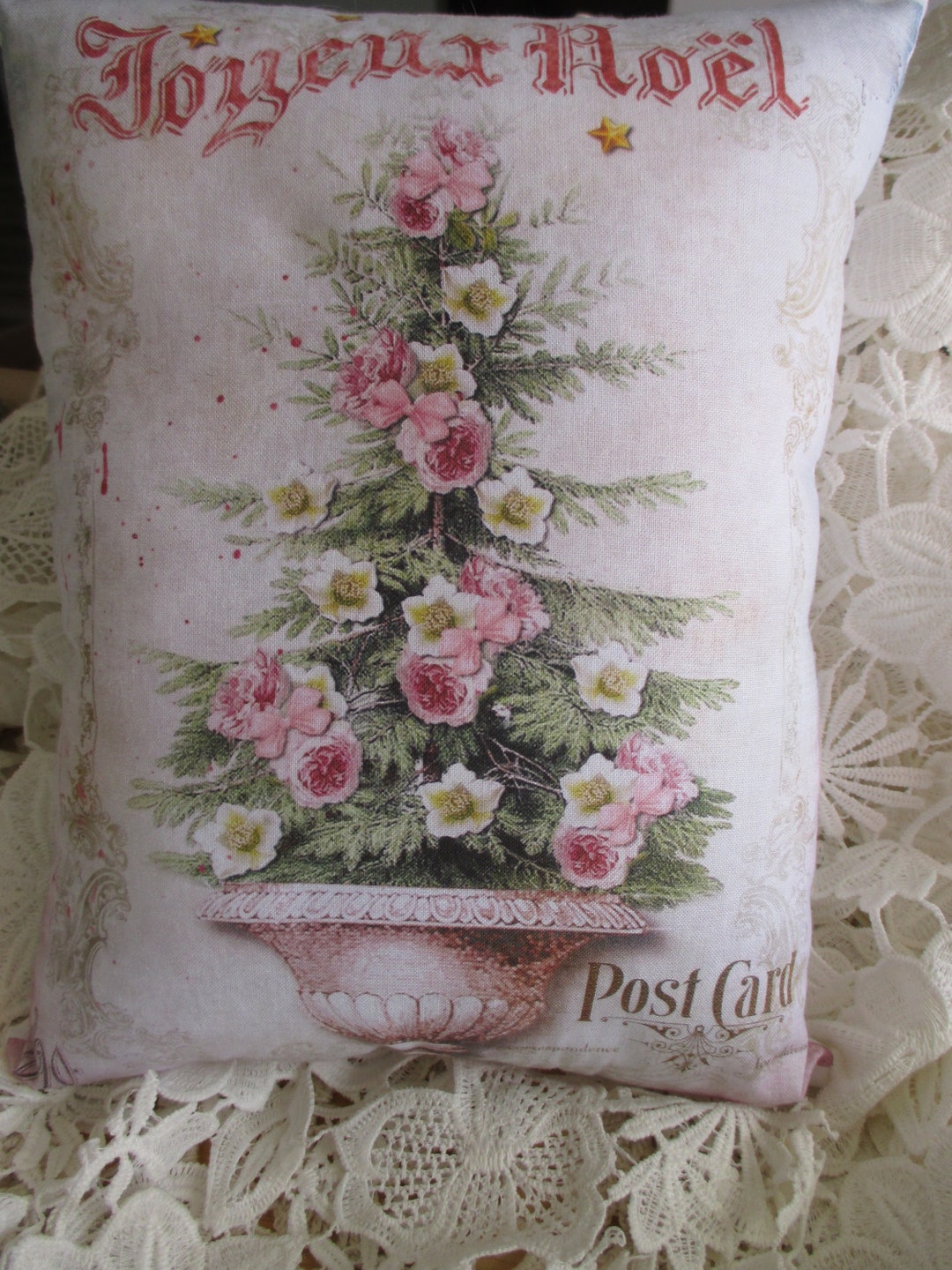 CHRISTMAS Pillow Pink ROSES Tree Joyeux Noel Shabby Christmas Holiday