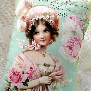 VICTORIAN Girl Pillow Pink ROSES Pillow Gorgeous Lady Decor 9.5 x 7" Shabby Pink Roses Shabby Chic Pillow