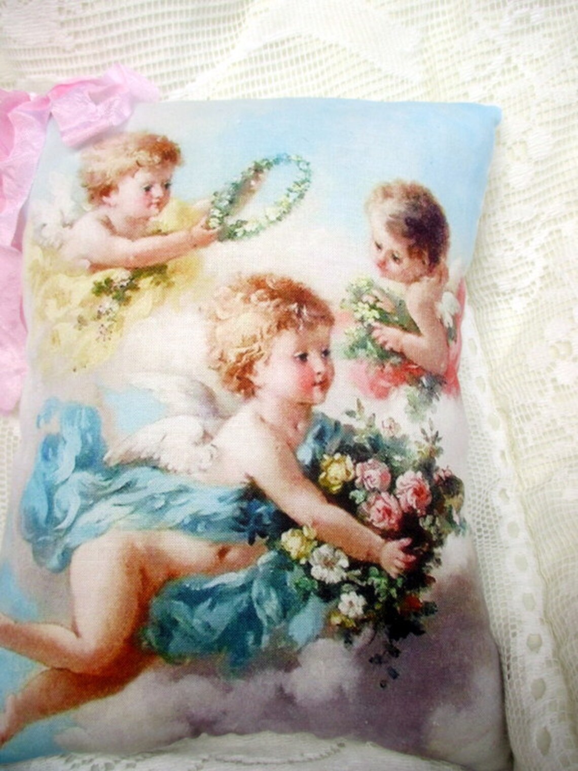 BEAUTIFUL Cherub PILLOW Angel CUPID Pink Roses Shabby Pillow Etsy