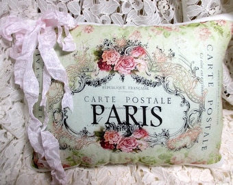 Paris CARTE POSTALE Kissen FRENCH Script Pink roses Postkarte French Script Kissen Shabby Chic Pillow!!!