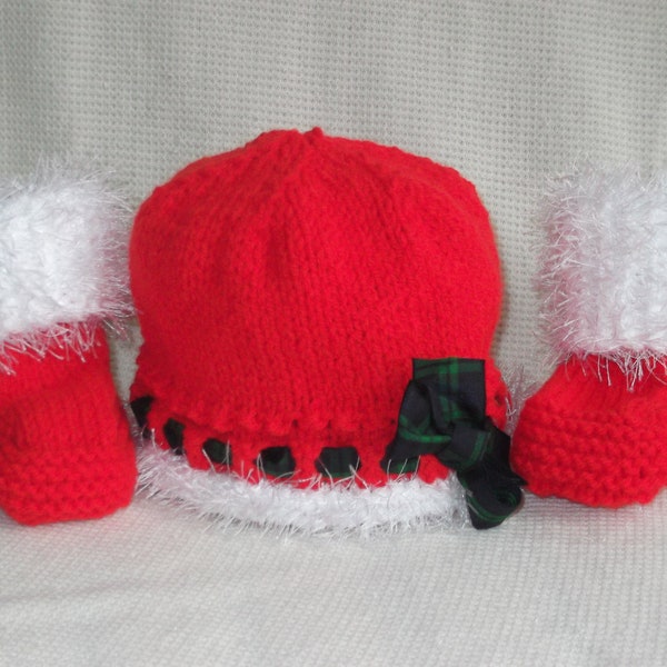 Red & White Christmas Hat and Booties. Baby Knit. Wool