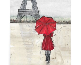 Woman with Umbrella in Rainy Paris Watercolor Cityscape Art Print, Rainy Streets Art Print, Watercolor Woman Art Print, Original Art Print