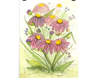 Pink Coneflowers Watercolor Painting, Wildflower Watercolor Art