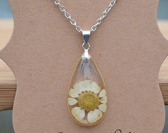 Real White Daisy Pendant Necklace, Botanical Nature Jewelry