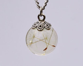 Dandelion Seeds Sphere Pendant Necklace, Botanical Nature Jewelry