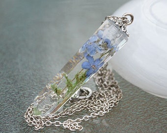 Real Forget me not Crystal Pendant Necklace, Real Flowers Necklace