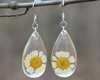 Real Daisy Resin Teardrop Earrings, Botanical Nature Jewelry