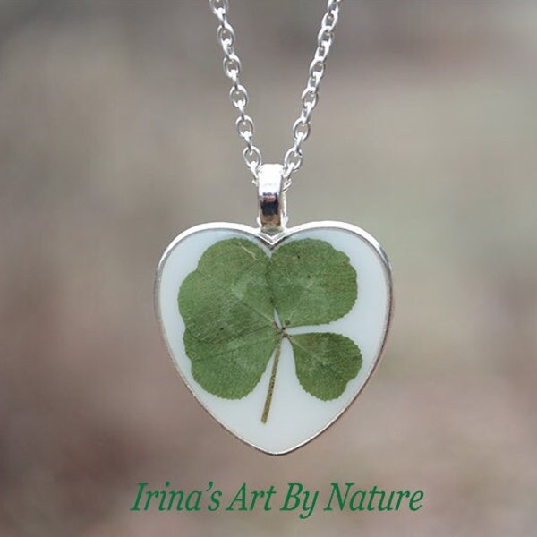 Real 4 Leaf Clover Heart Pendant Necklace, Botanical Nature Jewelry