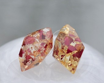 Real Rose Petals Stud Earrings, Multi faceted Crystal