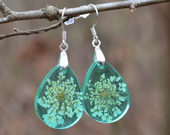 Queen Anne's Lace Flower Teardrop Resin Earrings, Botanical Nature Jewelry