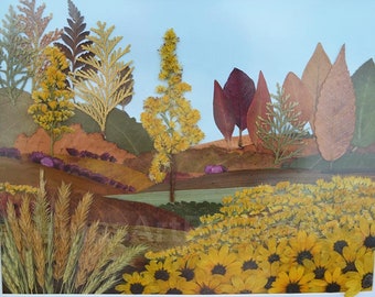 Pressed Flower Art Nature Landscape with Sunflowers field, Framed Oshibana