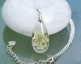 Real Queen Anne's Lace Necklace, Botanical Teardrop Resin Pendant, Pressed Flower Nature Jewelry