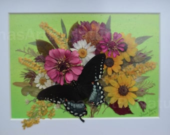 Pressed Flower Art, Real Swallowtail Butterfly, 3D Floral Collage, Botanical Art