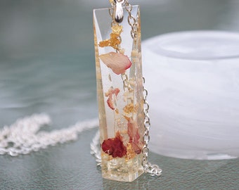 Real Flower Crystal Pendant Necklace, Botanical Nature Jewelry