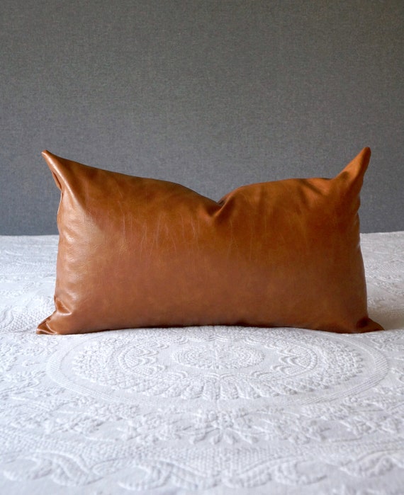 Cognac Faux Leather Lumbar Pillow Cover Brown 14x24 Inch Hygge Etsy