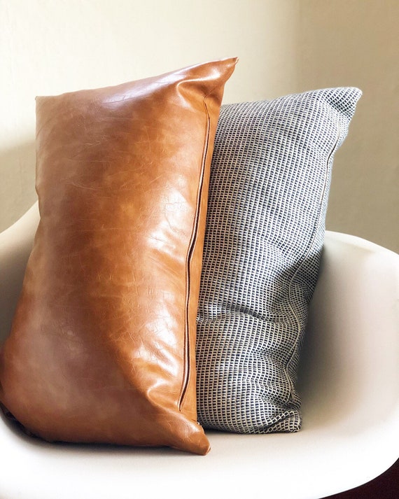 Cognac Faux Leather Lumbar Pillow Cover Brown 14x24 Inch Hygge Etsy