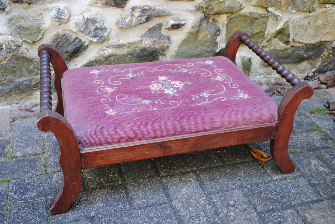 Large Vintage Needlepoint Wooden Footstool Bench Mauve Ottoman Etsy