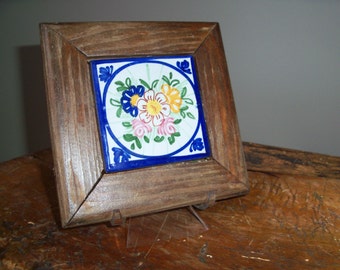 Hand Painted Ceramic Tile Wooden Framed Trivet Small Mexican