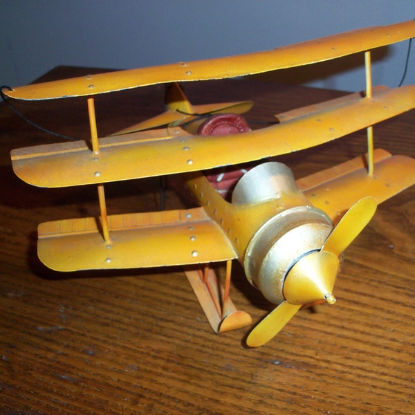 Vintage Biplane Airplane Metal Hanging Model Excellent Condition Yellow Display