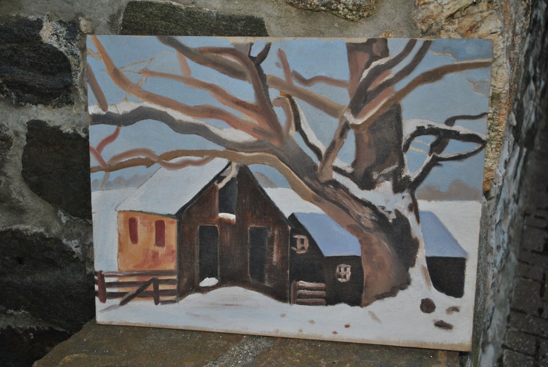 Original Painting Snowy Cabin Wall Art Farm Tree Fence Rustic Canvas ...