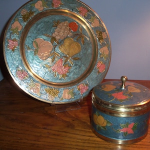 Beautiful Cloisonne and Brass Plate and Trinket Box from India