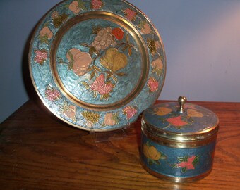 Beautiful Cloisonne and Brass Plate and Trinket Box from India