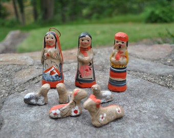 Collection of Small Handmade Mexican Figurines with Sheep Miniature Stoneware