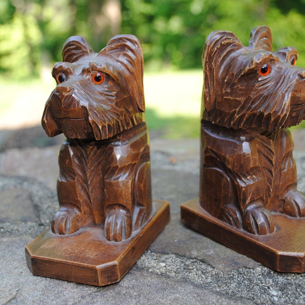 Pair of Hand Carved Wooden Bookends Dog Lover Schnauzer Bookshelf Small Pet