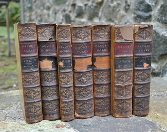 Antique Leather Bound Book Bacon Works Set of 7 Library Display Staging Lot Collection