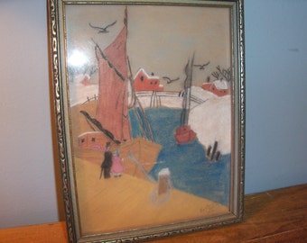Vintage 1940 Handmade Drawing Coloring Framed Original Wall Art Boating Shore Winter Coast Snow