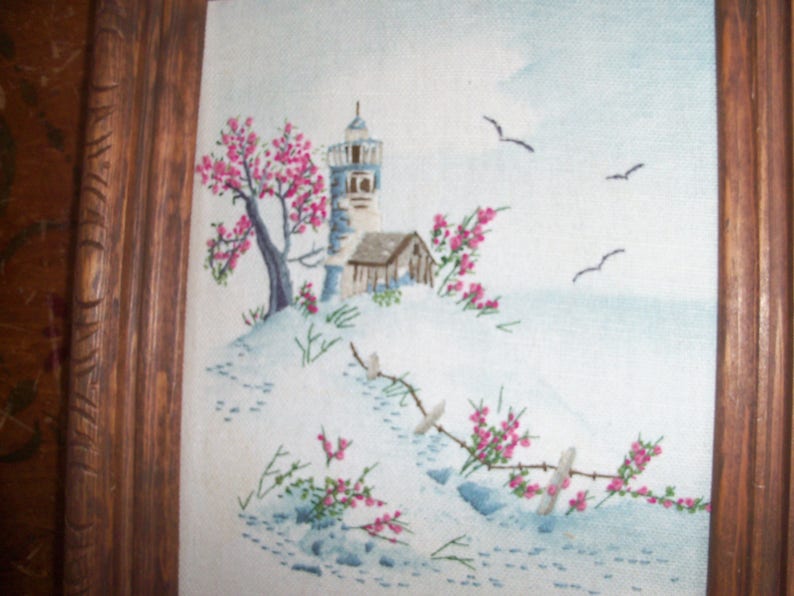 Vintage Handmade Lighthouse Framed Needlepoint Small Wall Decor