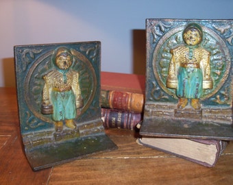 Pair of Antique Cast Iron Dutch Boy Bookends Library Rare Holland Netherlands