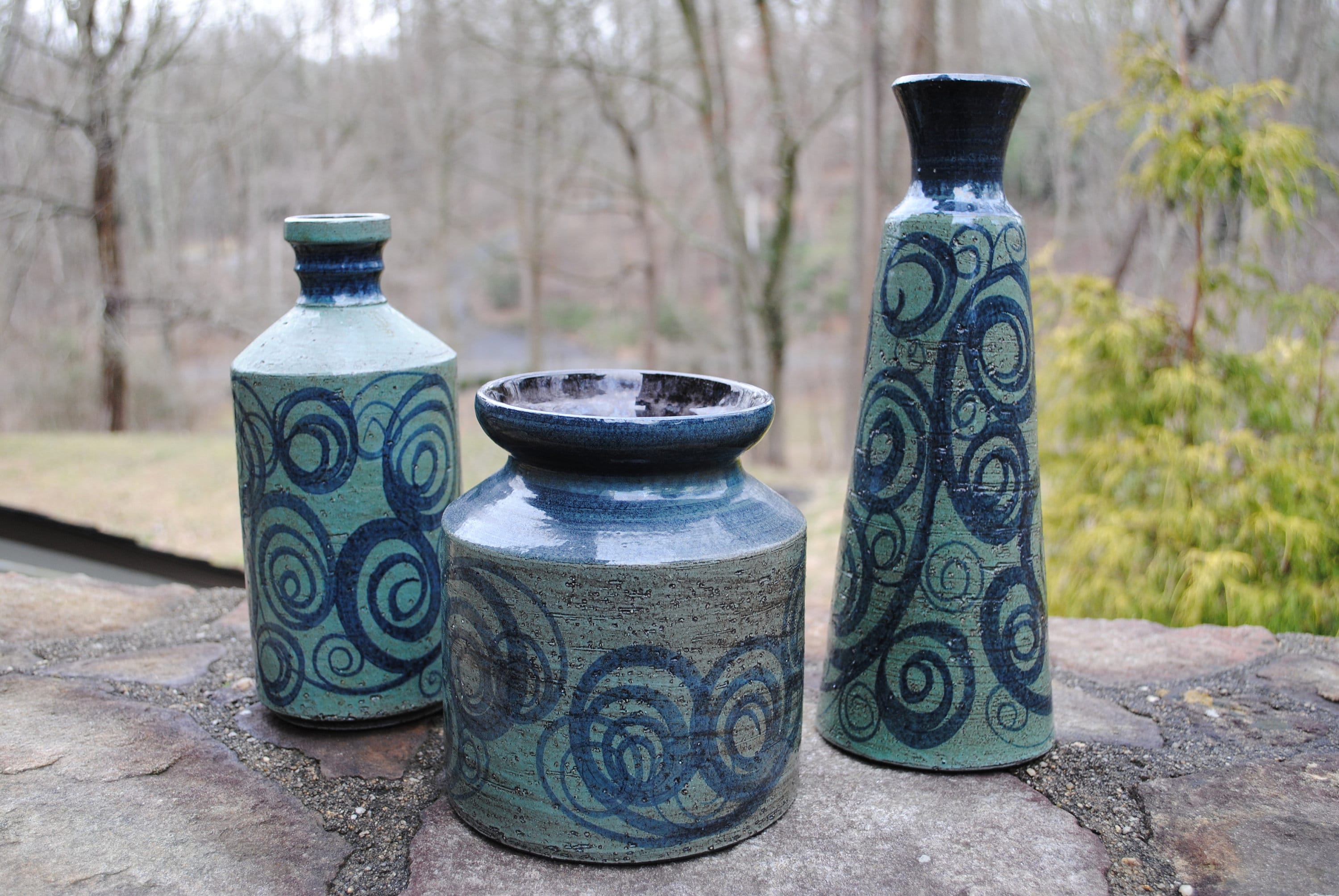 Set of 3 Vintage Graveren Norsk Pottery Vases Teal Green Handmade