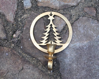 Brass Christmas Tree Candle Sconce Wall Hanging Holiday Vintage