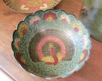 Vintage Brass Bowl Rare Green from India Peacock