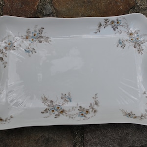 May include: A white porcelain serving tray with gold handles and a delicate floral design in shades of blue and brown.