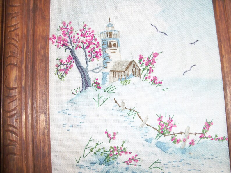 Vintage Handmade Lighthouse Framed Needlepoint Small Wall Decor