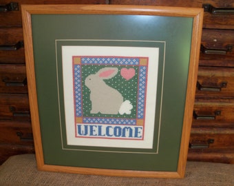 Large Vintage Cross Stitch Welcome Sign Rabbit Country Home Gift Bunny