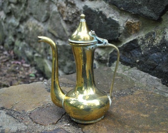 Antique Brass Middle Eastern Jug Pitcher Lidded Arabic Handmade Beautiful