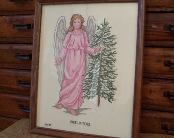 vintage Handmade Cross Stitch Needlepoint Angel of Peace Décor d’art mural encadré