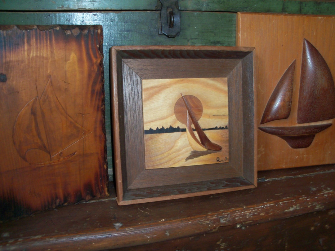 Set of 3 Hand Carved Wooden Vintage Sailboat Wall Hangings Art Etsy