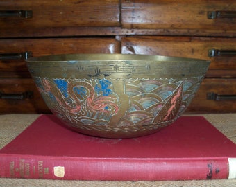 Vintage Large Brass Bowl Etched Colored Centerpiece China Handmade