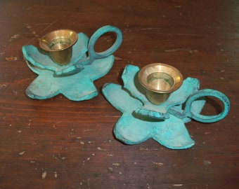 Pair of Brass and Metal Candle Holders Holly India Christmas Holidays Green Decorations